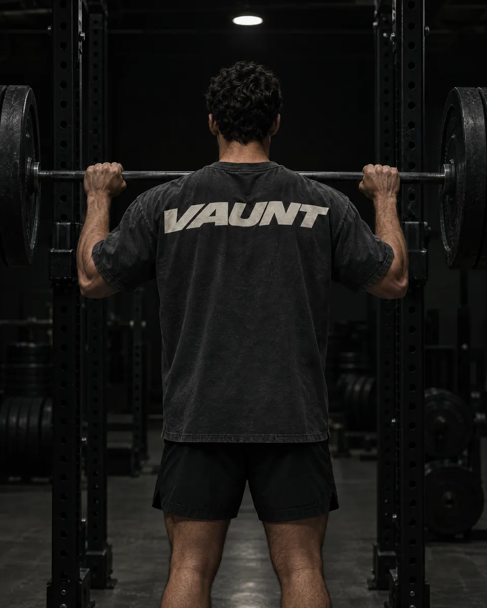 Athlete seen from behind gripping a loaded barbell in a power rack, wearing a washed charcoal tee with a large bone VAUNT wordmark across the back